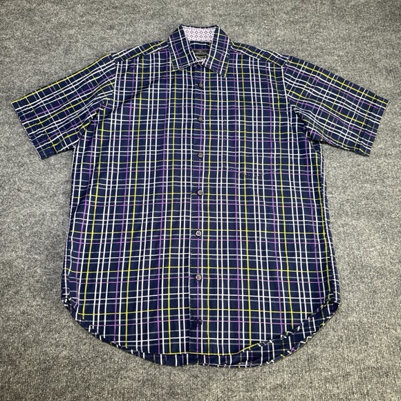 Bugatchi‎ Uomo Mens Purple Green Plaid Shirt S Short Sleeve Button Up Flip Cuff - Picture 1 of 15